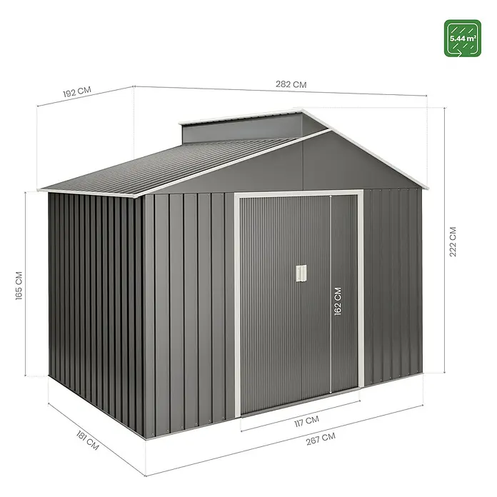 Hoggar Gerätehaus Lättsta - Außenmaß inkl. Dachüberstand (B x T): 282 x 192 cm, Anthrazit, Grundfläche: 5,44 m² - Abbildung eines grauen Gerätehauses mit den Maßen 181 x 282 x 222 cm und einer Tür von 162 cm Höhe.