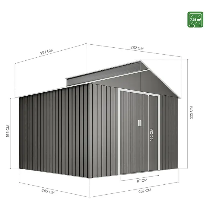 Hoggar Gerätehaus Björn - Außenmaß inkl. Dachüberstand (B x T): 282 x 257 cm, Anthrazit, Grundfläche: 7,25 m² - Abbildung eines grauen Gerätehauses mit den Massen 257 x 267 cm, Höhe 222 cm, Türbreite 117 cm und einer Fläche von 7,25 m².