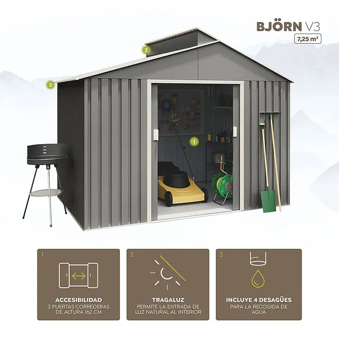 Hoggar Caseta para jardín Bjorn V3 - Medidas ext. (An x Pr): 282 x 257 cm, Gris metalizado, Área: 7,25 m² - Imagen de una caseta de jardín gris BJÖRN V3 con puertas correderas, tragaluz y cuatro desagües para la recogida de agua.
