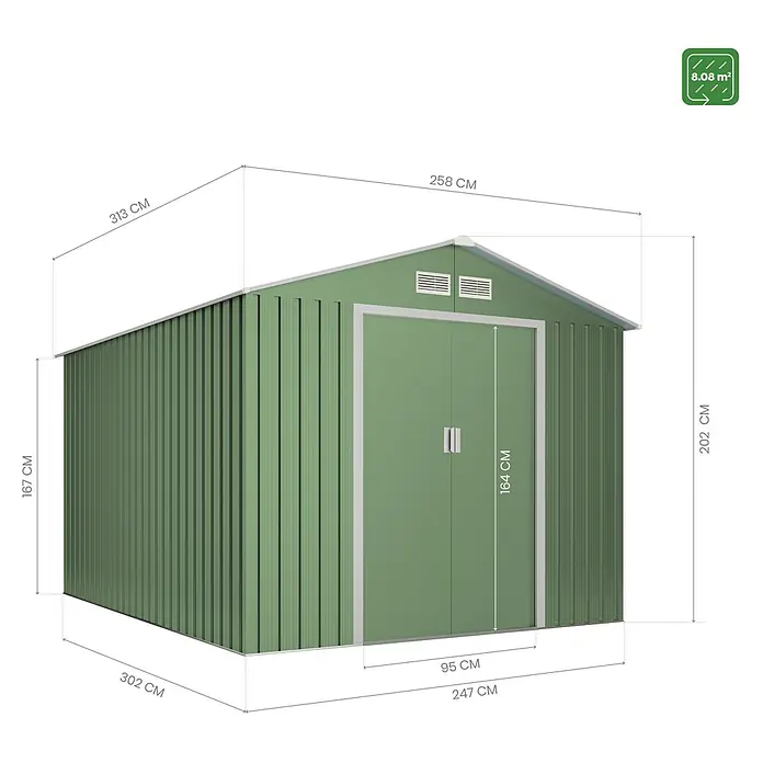 Hoggar Gerätehaus Köppen - Außenmaß inkl. Dachüberstand (B x T): 258 x 313 cm, Grün, Stahl, Grundfläche: 8,08 m² - Ansicht eines grünen Metall-Gartenschuppens mit Größenangaben und einer Grundfläche von 8,08 m².