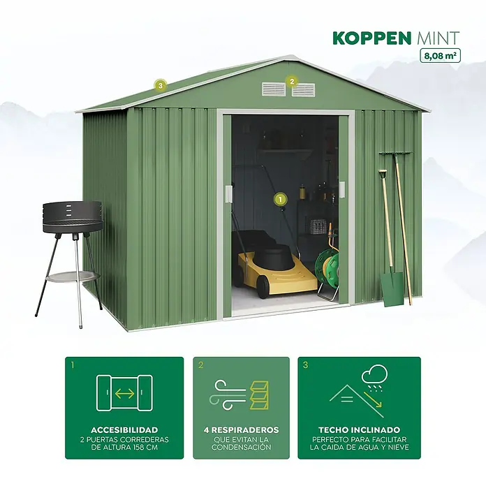 Hoggar Caseta para jardín Koppen - Medidas ext. (An x Pr): 258 x 313 cm, Verde, Acero, Área: 8,08 m² - Una caseta de jardín espaciosa verde menta con puertas dobles y techo inclinado ofrece amplio espacio de almacenamiento.