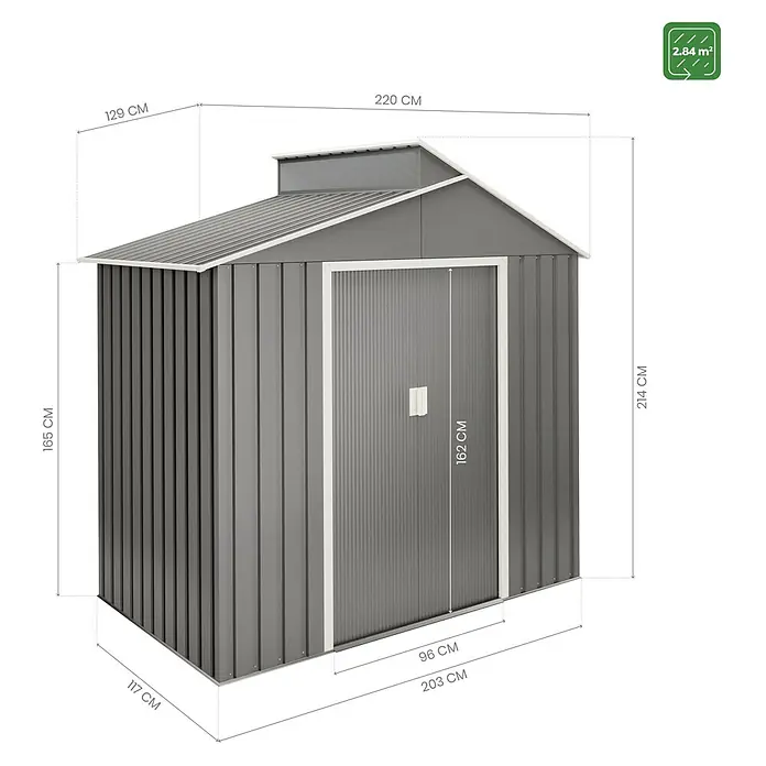 Hoggar Caseta para jardín Nuuk V3 - Medidas ext. (An x Pr): 220 x 129 cm, Acero, Gris metalizado, Área: 2,84 m² - Imagen de una caseta de jardín de metal gris con dimensiones de altura, anchura y profundidad para uso exterior.