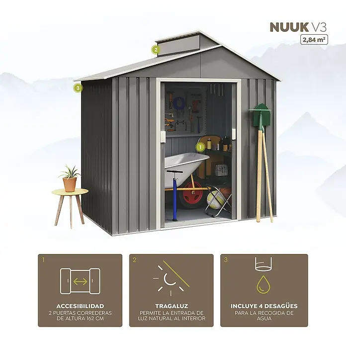 Hoggar Caseta para jardín Nuuk V3 - Medidas ext. (An x Pr): 220 x 129 cm, Acero, Gris metalizado, Área: 2,84 m² - En la imagen se ve una caseta de jardín gris NUUUK V3 con una superficie de 2,84 m², que contiene accesorios y herramientas de jardinería.