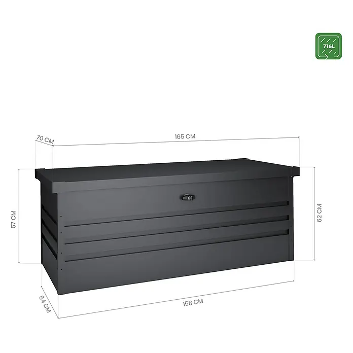 Hoggar Garten-Aufbewahrungsbox Sveg - L x B x H: 165 x 70 x 62 cm, Anthrazit - Abbildung einer schwarzen Gartenbox mit den Maßen 165 cm Breite, 70 cm Tiefe, 62 cm Höhe hinten und 57 cm Höhe vorne.