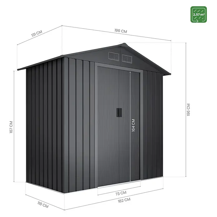 Hoggar Gerätehaus Visby - Außenmaß inkl. Dachüberstand (B x T): 196 x 131 cm, Anthrazit, Stahl, Grundfläche: 2,57 m² - Abbildung eines anthrazitfarbenen Gerätehauses mit allen Maßangaben. Ideal zur Aufbewahrung von Gartengeräten und -möbeln.