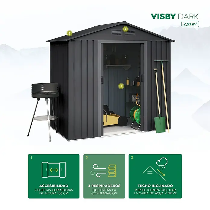 Hoggar Caseta para jardín Visby - Medidas ext. (An x Pr): 196 x 131 cm, Antracita, Acero, Área: 2,57 m² - Imagen de un cobertizo de jardín VISBY DARK, con puertas correderas, ventilación y un techo inclinado para facilitar el drenaje del agua.