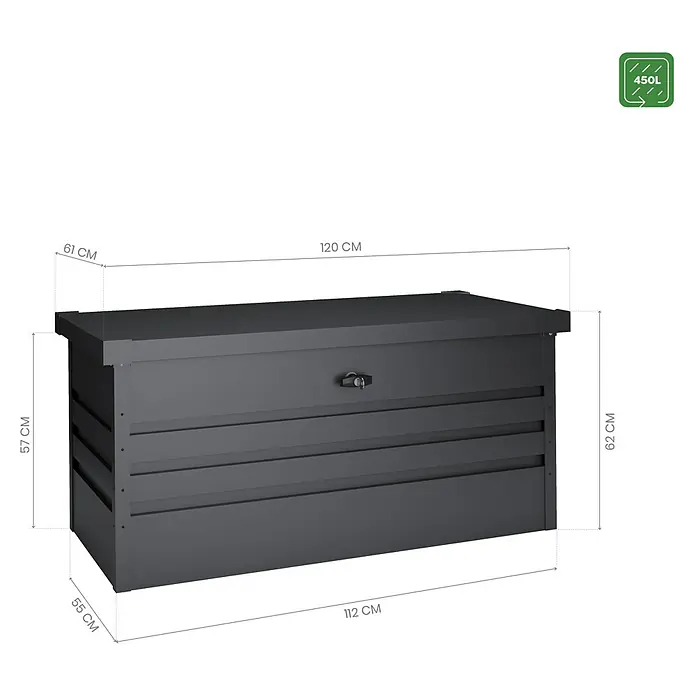 Hoggar Garten-Aufbewahrungsbox Sveg - L x B x H: 120 x 61 x 62 cm, Anthrazit - Abbildung einer schwarzen Gartenbox mit Maßangaben. Praktische Aufbewahrungslösung für den Außenbereich mit den Maßen 120 x 61 x 62 cm.
