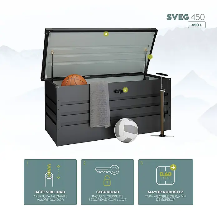 Hoggar Arcón para cojines de exterior metálico Sveg - 120 x 61 x 62 cm, Metal, Antracita - La caja de almacenamiento SVEG 450 con capacidad de 450L proporciona un almacenamiento exterior seguro. Tiene una tapa robusta y amortiguada.