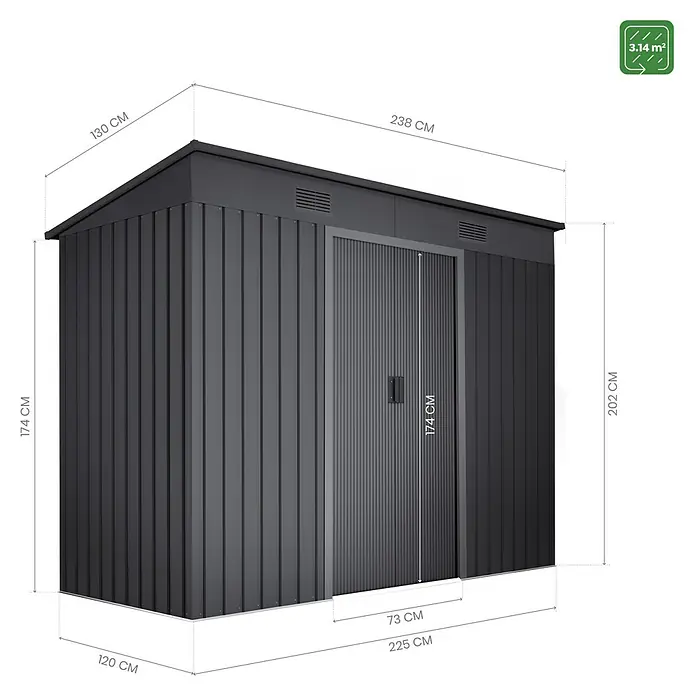 Hoggar Gerätehaus Oulu - Außenmaß inkl. Dachüberstand (B x T): 238 x 130 cm, Stahl, Grau, Grundfläche: 3,14 m² - Bild eines Gerätehauses mit den Maßen 238x130x202 cm.