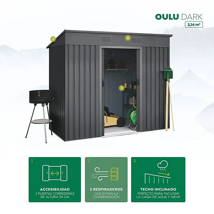 Hoggar Caseta para jardín Oulu - Medidas ext. (An x Pr): 238 x 130 cm, Acero, Antracita, Área: 3,14 m² - Caseta de jardín Oulu Dark con puertas correderas, respiraderos y techo inclinado para facilitar la caída de agua y nieve.