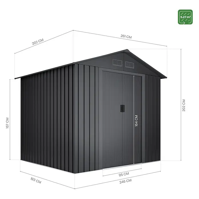 Hoggar Gerätehaus Gotland - Außenmaß inkl. Dachüberstand (B x T): 261 x 202 cm, Grau, Stahl, Grundfläche: 5,27 m² - Abbildung eines Metallgartenhauses mit Abmessungen, einschließlich Höhe, Breite und Tiefe, sowie der gesamten Grundfläche.