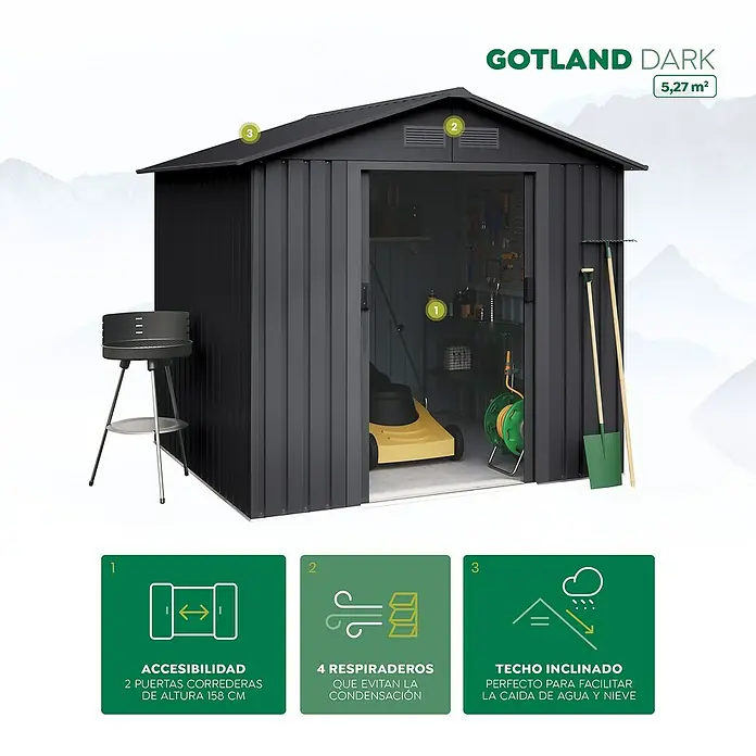 Hoggar Caseta para jardín Gotland - Medidas ext. (An x Pr): 261 x 202 cm, Antracita, Acero, Área: 5,27 m² - El cobertizo de jardín GOTLAND DARK, de 5,27 m², ofrece amplio almacenamiento. Cuenta con puertas dobles, ventilación y techo inclinado.