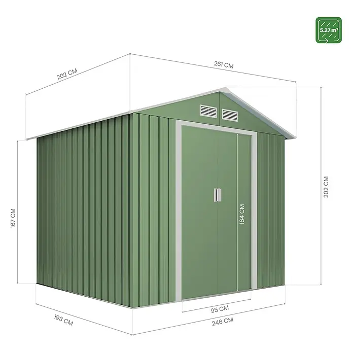 Hoggar Gerätehaus Gotland - Außenmaß inkl. Dachüberstand (B x T): 261 x 202 cm, Grün, Stahl, Grundfläche: 5,27 m² - Abbildung eines Geräteschuppens mit Maßangaben. Ideal für die Gartenaufbewahrung. Robuste Konstruktion, einfache Montage.