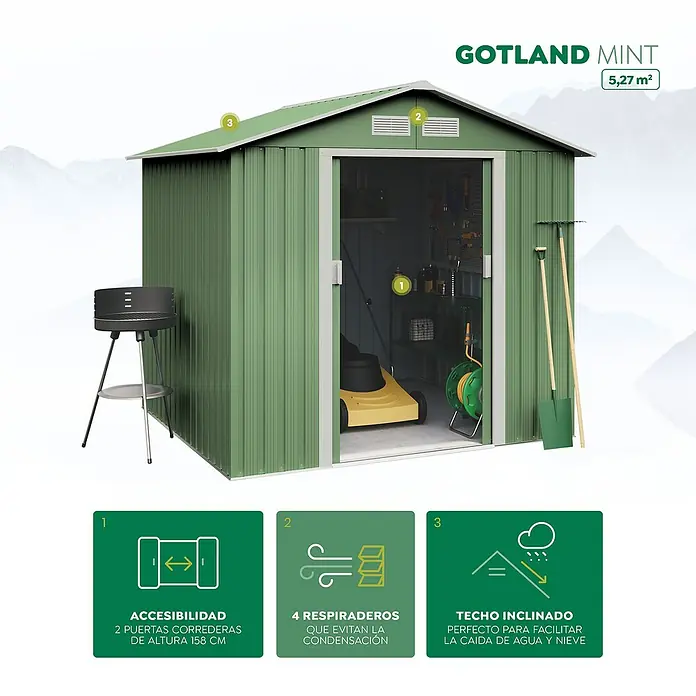 Hoggar Caseta para jardín Gotland - Medidas ext. (An x Pr): 261 x 202 cm, Verde, Acero, Área: 5,27 m² - Imagen de un cobertizo de jardín verde Gotland Mint con una superficie de 5,27 m² y las características del producto asociadas.