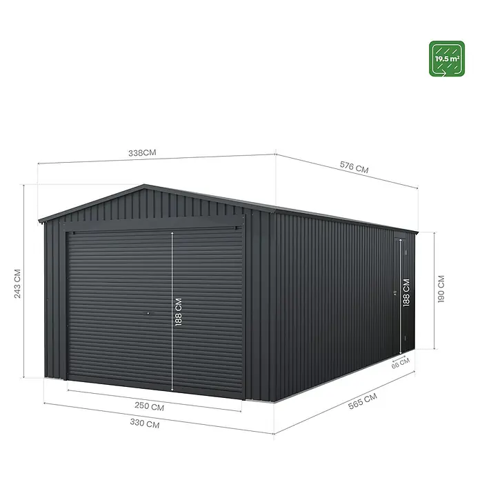 Hoggar Garaje Vastra - Medidas ext. (An x Pr): 340 x 574 cm, Antracita, Acero, 19,5 m² - Dimensiones del cobertizo metálico gris oscuro con puerta enrollable y puerta lateral. Ideal para jardín y taller.