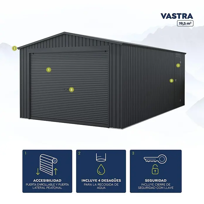 Hoggar Garaje Vastra - Medidas ext. (An x Pr): 340 x 574 cm, Antracita, Acero, 19,5 m² - Imagen de un cobertizo metálico VASTRA (19,5 m²) con puerta enrollable, puerta lateral, cuatro desagües y cierre de seguridad con llave.