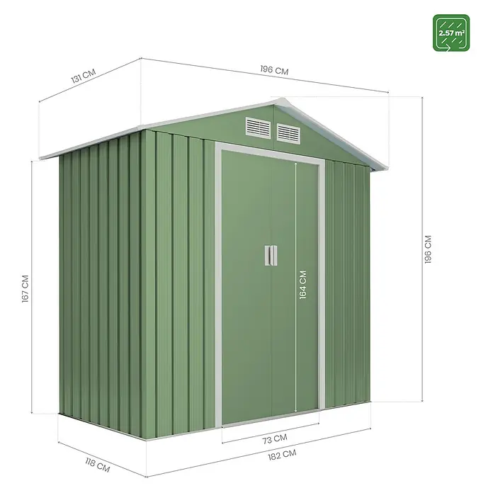 Hoggar Gerätehaus Visby - Außenmaß inkl. Dachüberstand (B x T): 196 x 131 cm, Grün, Stahl, Grundfläche: 2,57 m² - Abbildung eines Geräteschuppens mit Maßangaben zu seiner Größe.