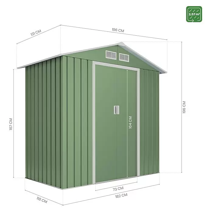 Hoggar Gerätehaus VisbyAußenmaß inkl. Dachüberstand (B x T): 196 x 131 cm, Grün, Stahl, Grundfläche: 2,57 m²