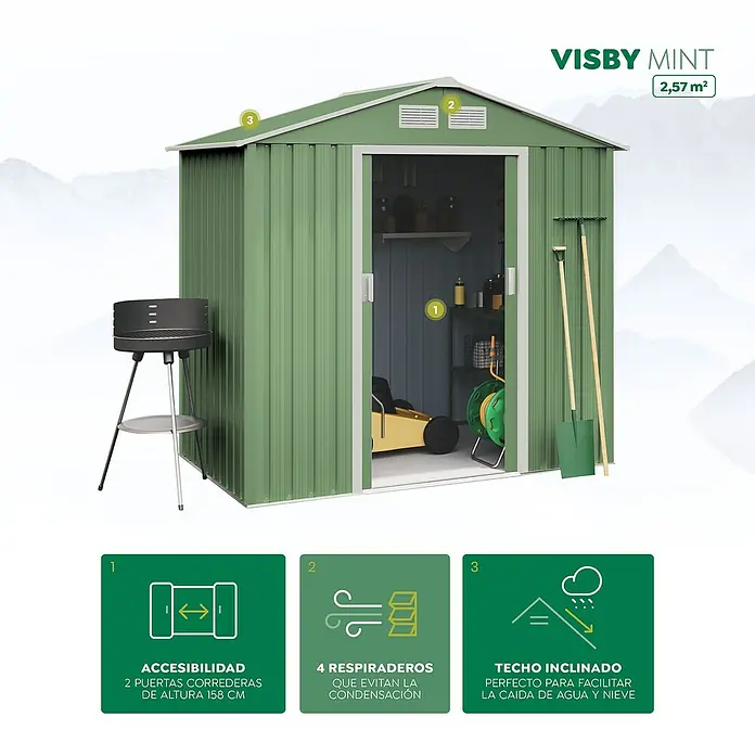 Hoggar Caseta para jardín Visby - Medidas ext. (An x Pr): 196 x 131 cm, Verde, Acero, Área: 2,57 m² - Espaciosa caseta de jardín Visby Mint con puertas dobles, ventilación y techo inclinado para fácil evacuación del agua.