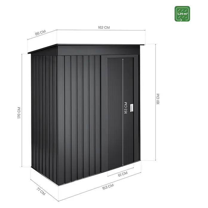 Hoggar Geräteschrank Hede - Außenmaß inkl. Dachüberstand (B x T): 162 x 86 cm, Anthrazit, Stahl, 1,39 m² - Abbildung eines schwarzen Gerätehauses mit den Maßen 162 cm breit, 77 cm tief und 181 cm hoch.