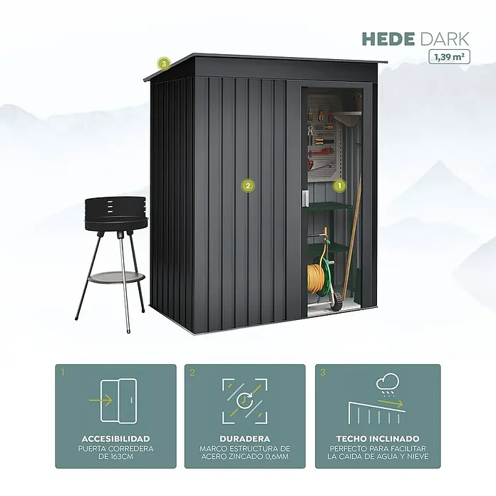 Hoggar Armario de jardín Hede - Medidas ext. (An x Pr): 162 x 86 cm, Antracita, Acero, 1,39 m² - Caseta de jardín Hede Dark con puerta corredera y techo inclinado para facilitar el drenaje del agua, construcción duradera de acero zincado para uso exterior.