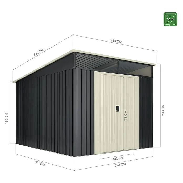 Hoggar Gerätehaus Karlstadt - Außenmaß inkl. Dachüberstand (B x T): 238 x 322 cm, Anthrazit, Stahl, Grundfläche: 7,6 m² - Abbildung eines Metall-Gartenschuppens mit Doppeltür und Größenangaben, der eine Lagerfläche von 7,6 m² bietet.