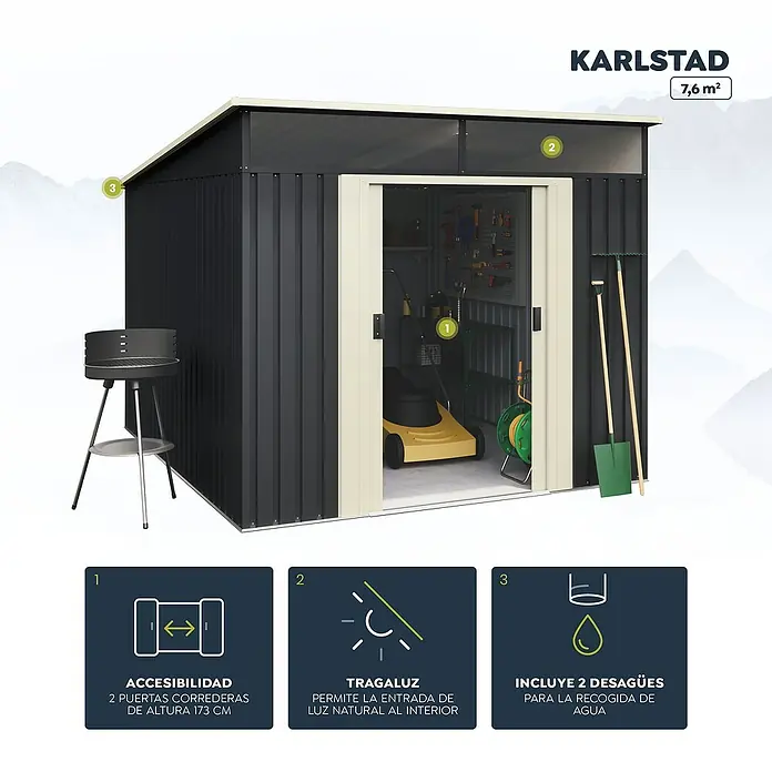 Hoggar Caseta para jardín Karlstad - Medidas ext. (An x Pr): 238 x 322 cm, Antracita, Acero, Área: 7,6 m² - Imagen de un cobertizo de jardín Karlstad con puertas correderas, tragaluz y sistema de drenaje para el jardín.