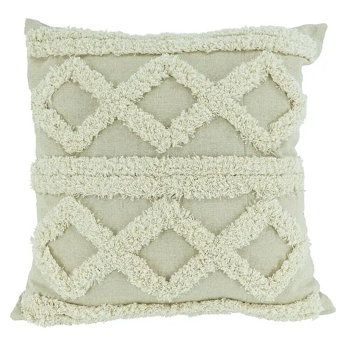 Kissen Menor - Creme, 45 x 45 cm, 55 % Polyester, 25 % Viscose, 15 % Baumwolle, 5 % Leinen - Dekorative quadratische Kissenhülle mit geometrischem Tufting-Muster, perfekt für Wohnzimmer oder Schlafzimmer, bringt einen Hauch von Bohème in Ihr Zuhause.
