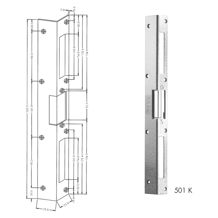 Stabilit Elektrischer Türöffner - Links/Rechts, Spannung: 8 V - 12 V, L x B x H: 320 x 35 x 22 mm - Bild einer elektrischen Türöffner-Montageplatte (Modell 501 K) mit technischen Zeichnungen, die ihre Abmessungen und Details zeigen.