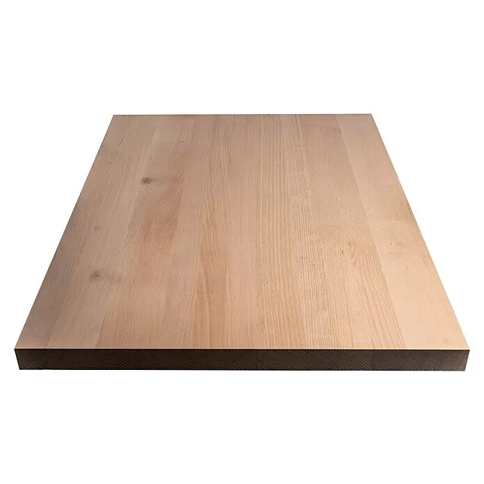 Leimholzplatte Treppenstufe - Buche, Qualitätsstufe Leimholzplatte: A/B, 900 x 650 x 40 mm - Helle Holzplatte oder Tischplatte mit sichtbarer Maserung und dunkelbrauner Kante.