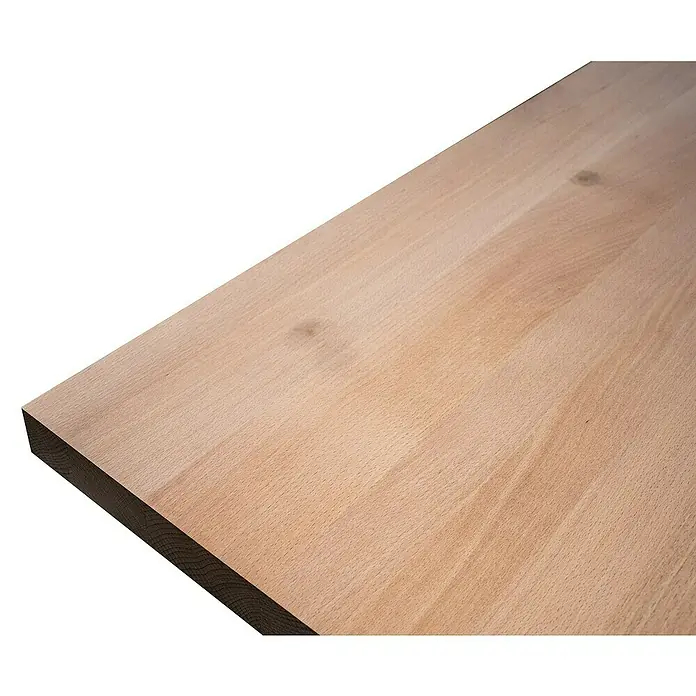 Leimholzplatte Treppenstufe - Buche, Qualitätsstufe Leimholzplatte: A/B, 900 x 650 x 40 mm - Nahaufnahme einer hellen, unbehandelten Holzplatte, ideal für Möbelbau oder DIY-Projekte mit natürlicher Maserung und warmer Ausstrahlung.