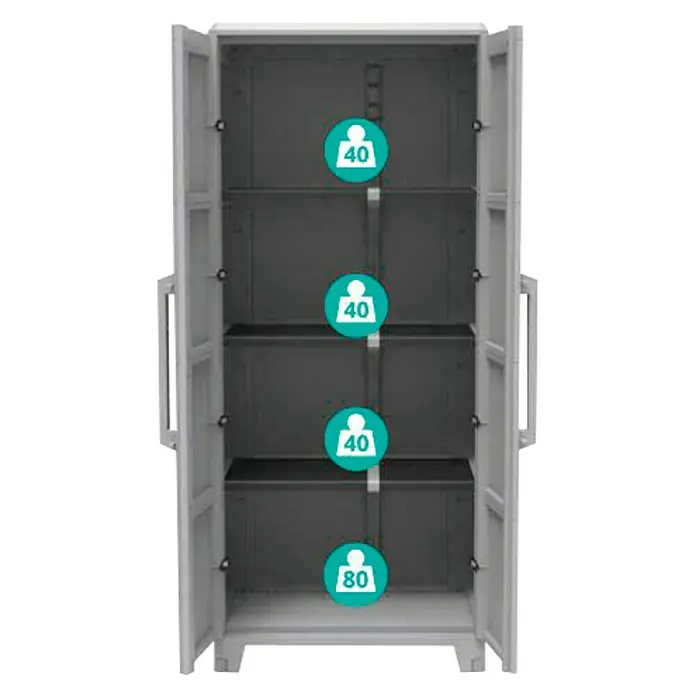 Terry Transforming Armario multiusos de plástico  Modular 4 - L x An x Al: 43,6 x 78 x 184,4 cm - El armario gris multiusos con puertas abiertas y cuatro compartimentos de almacenamiento ofrece amplio espacio y organización.