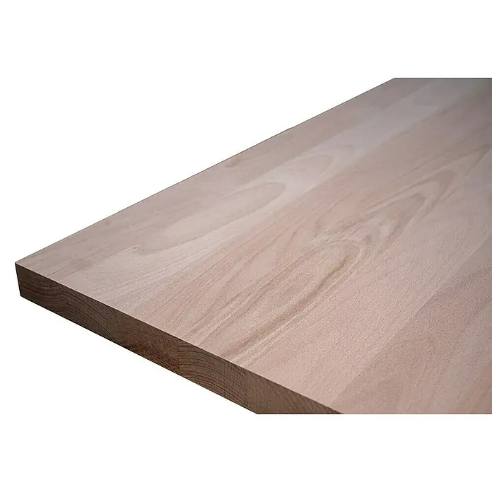 Leimholzplatte Treppenstufe - Buche, Qualitätsstufe Leimholzplatte: A/B, 2.000 x 650 x 40 mm - Nahaufnahme einer Tischplatte aus hellem Holz mit sichtbarer Maserung, ideal für Möbelprojekte und Inneneinrichtung.