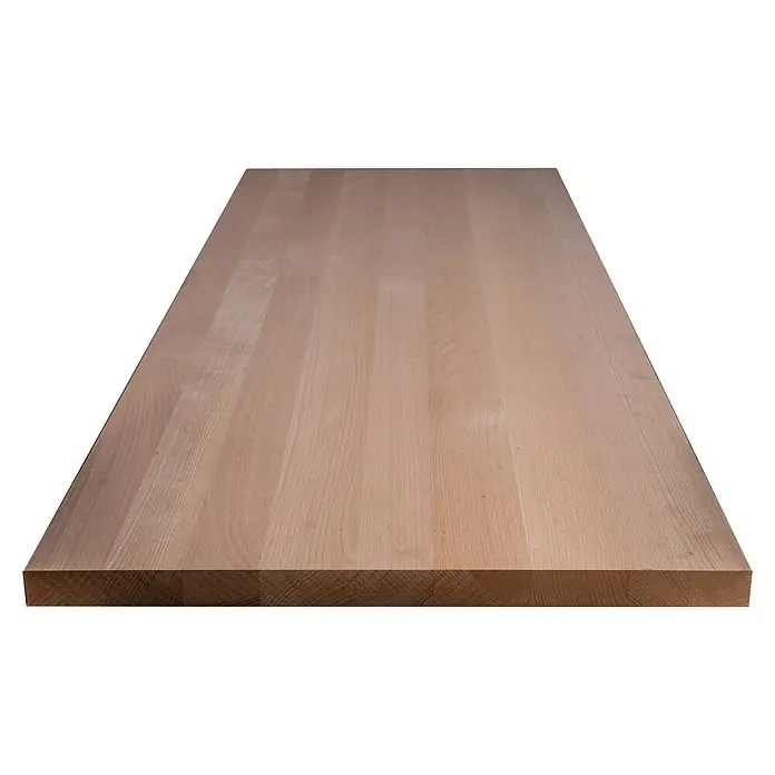 Leimholzplatte Treppenstufe - Buche, Qualitätsstufe Leimholzplatte: A/B, 1.600 x 650 x 40 mm - Eine massive Tischplatte aus hellem Holz mit einer schönen Maserung und einer glatten Oberfläche, ideal für Möbelbau oder als Arbeitsfläche.
