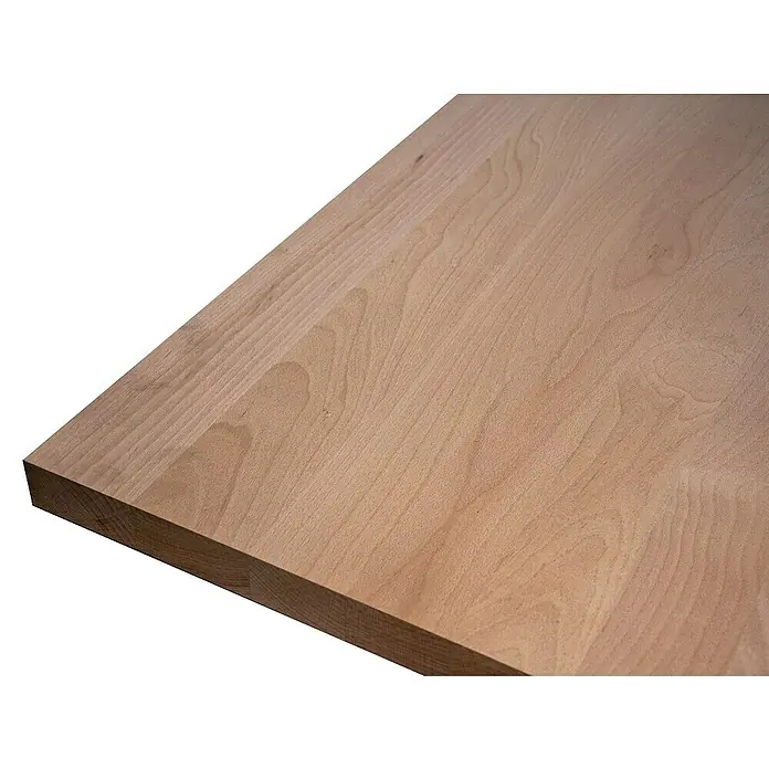 Leimholzplatte Treppenstufe - Buche, Qualitätsstufe Leimholzplatte: A/B, 2.400 x 650 x 40 mm - Nahaufnahme einer unbehandelten Ahornplatte, die die natürliche Maserung und die warme Farbe des Holzes zeigt.