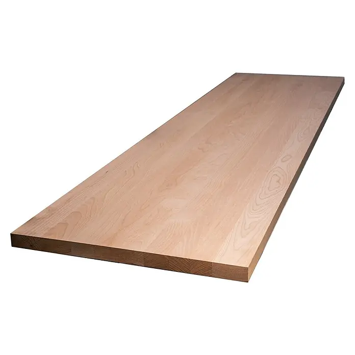 Leimholzplatte Treppenstufe - Buche, Qualitätsstufe Leimholzplatte: A/B, 2.400 x 650 x 40 mm - Eine rechteckige, helle Holzplatte mit einer sichtbaren Maserung und einer dicken Kante, die die Konstruktion des Produkts zeigt.