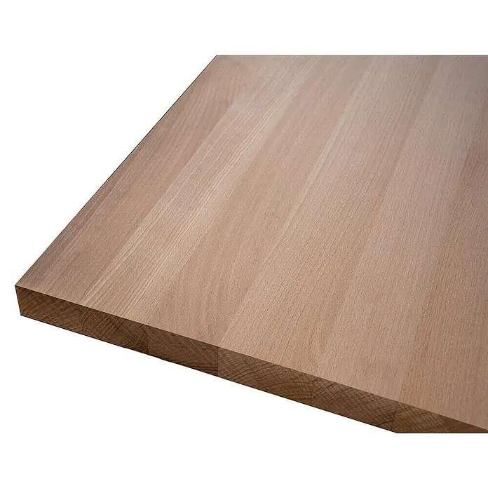 Leimholzplatte Treppenstufe - Buche, Qualitätsstufe Leimholzplatte: A/B, 1.600 x 650 x 40 mm - Nahaufnahme einer hellen Holzplatte, die die feine Maserung und die natürliche Farbe des Materials hervorhebt. Ideal für Möbelbau und Innenausbau.