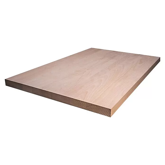 Leimholzplatte Treppenstufe - Buche, Qualitätsstufe Leimholzplatte: A/B, 1.200 x 650 x 40 mm - Helles Holzbrett mit Naturmaserung, schräg von oben, zeigt dicke Kante.