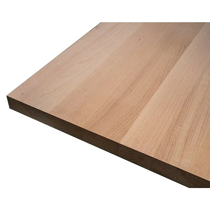 Leimholzplatte Treppenstufe - Buche, Qualitätsstufe Leimholzplatte: A/B, 1.100 x 650 x 40 mm - Detailaufnahme einer hellen Buchenholzplatte, die die natürliche Maserung und die glatte Oberfläche hervorhebt. Ideal für Möbel oder Arbeitsflächen.