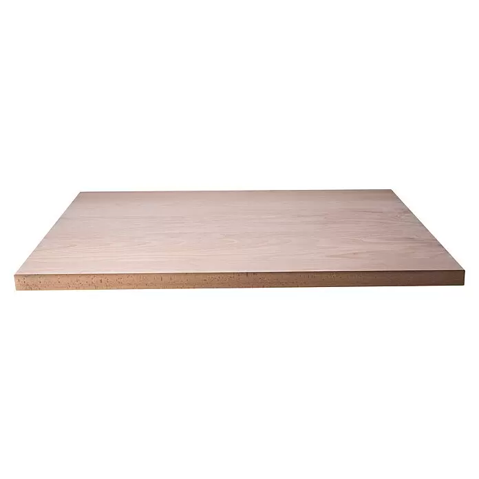 Leimholzplatte Treppenstufe - Buche, Qualitätsstufe Leimholzplatte: A/B, 1.200 x 650 x 40 mm - Hellbraunes Holzbrett mit sichtbarer Maserung und Schichtseitenprofil.