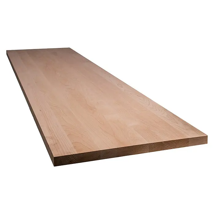 Leimholzplatte Treppenstufe - Buche, Qualitätsstufe Leimholzplatte: A/B, 2.400 x 650 x 40 mm - Das Foto zeigt eine massive Holzplatte, ideal für Möbelbau oder Arbeitsflächen, mit einer klaren Maserung und warmer Farbgebung.