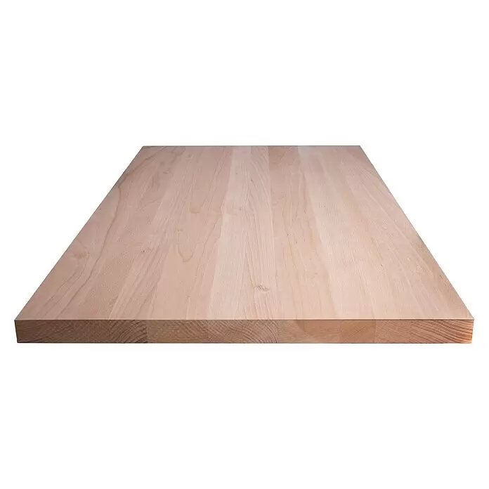 Leimholzplatte Treppenstufe - Buche, Qualitätsstufe Leimholzplatte: A/B, 1.200 x 650 x 40 mm - Rechteckige helle Holzplatte mit sichtbarer Maserung, in perspektivischer Ansicht.