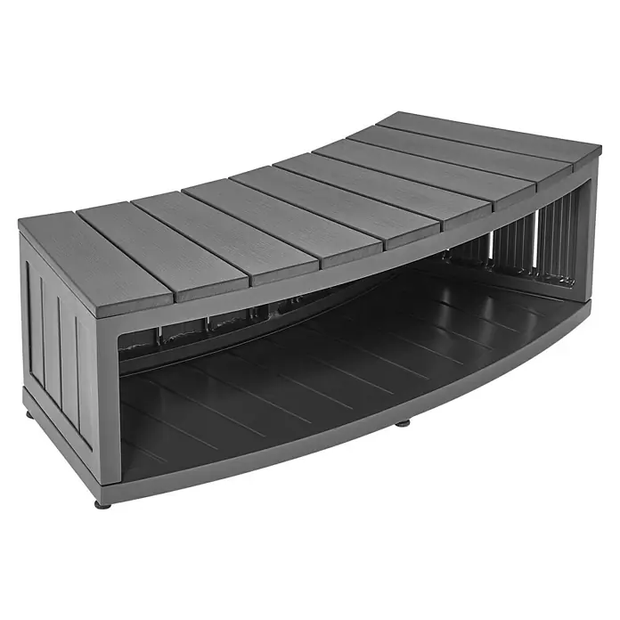 Bestway Lay-Z-Spa Mobil-Whirlpool Miami Air-Jet mit Umrandung - Ø x H: 180 x 66 cm, Anthrazit, 669 l - Das Bild zeigt eine gebogene Gartenbank aus grauem Holz und Metall mit einer Ablagefläche darunter.