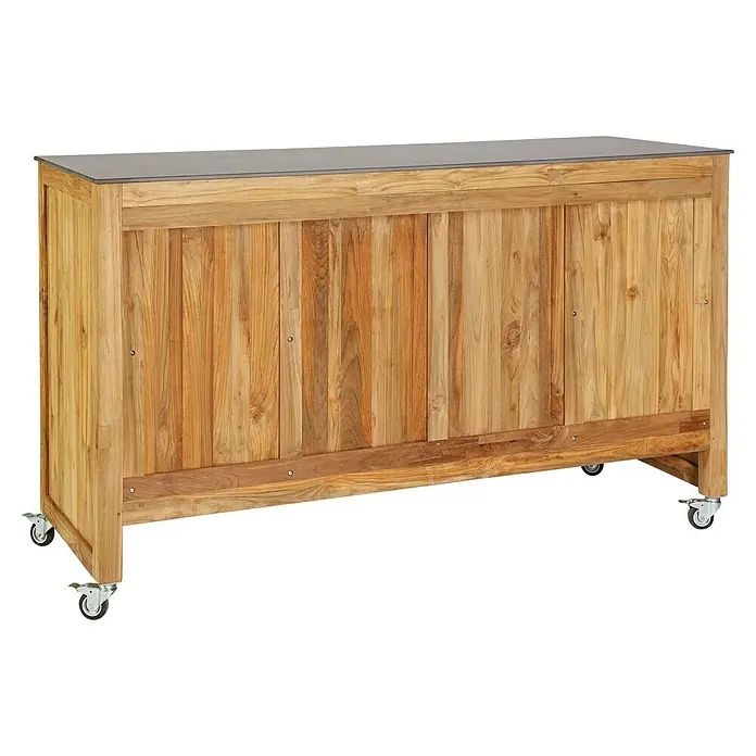 Sunfun Zoe Outdoorküchen-Modul Grillbar - Braun, B x T x H: 188 x 67 x 110,2 cm, Teakholz - Mobiler Holzschrank mit grauer Platte und Rollen. Praktisch und stilvoll, ideal für den flexiblen Einsatz im Innen- und Außenbereich.