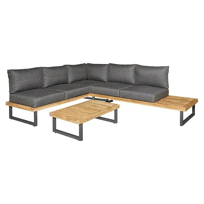 Sunfun Zoe Loungemöbel-Set - 3 -tlg., Teak/Stahl, Dunkelgrau - Graues Outdoor-Lounge-Set mit einem Couchtisch. Das Sofa hat graue Kissen und eine Holzbasis mit Metallbeinen, ideal für den Garten.