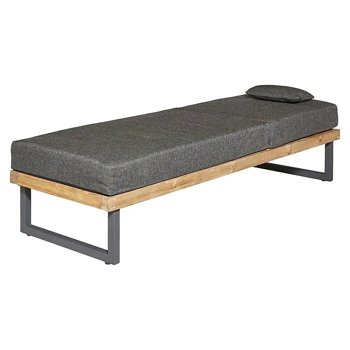 Gartenliege Zoe - L x B x H: 200 x 65 x 45 cm, Dunkelgrau/Naturbraun, Holz, Rückenlehne verstellbar - Liege mit grauem Stoffbezug und hellbraunem Holzrahmen. Ideal zum Entspannen im Garten oder auf der Terrasse.