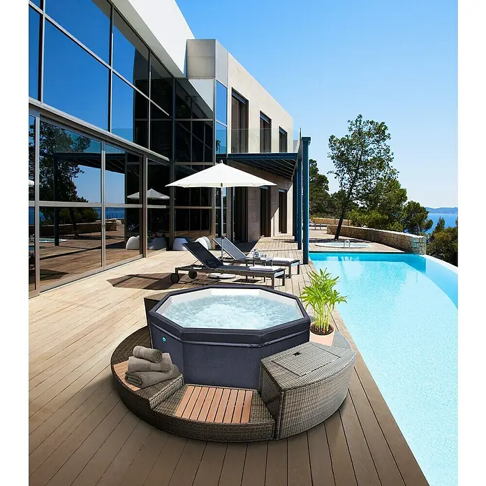NetSpa Mobil-Whirlpool Octopus - Ø x H: 193 x 73 cm, Schwarz/Weiß, 1.000 l - Luxuriöser Whirlpool mit stilvoller Rattan-Umrandung, perfekt für entspannende Stunden im Freien. Genießen Sie Wellness pur mit diesem Outdoor-Spa.