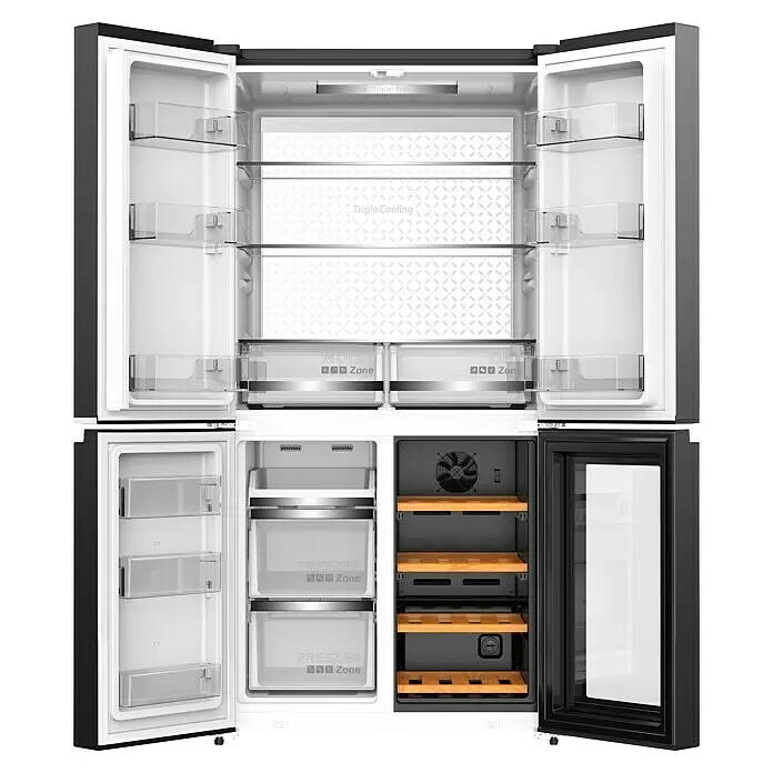 Wolkenstein Kühl-Gefrierkombination WCD595EWTSNF ST - Nutzinhalt Gesamt: 606 l, 72 x 90,5 x 182 cm, Granitoptik - Geöffneter Mehrtür-Kühlschrank mit oberem Frischebereich, unterem linkem Gefrierfach und unterem rechtem Weinkühler mit Holzregalen.