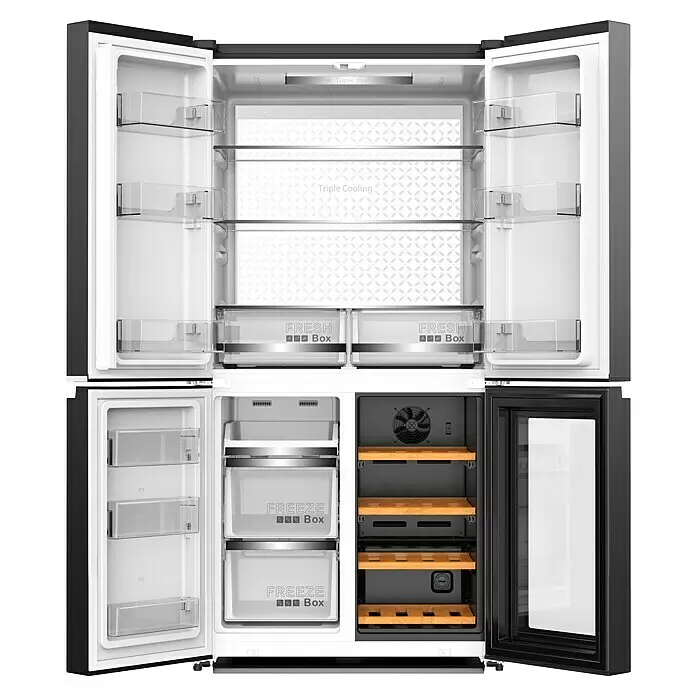 Wolkenstein Kühl-Gefrierkombination WCD595EWTSNF ST - Nutzinhalt Gesamt: 606 l, 72 x 90,5 x 182 cm, Granitoptik - Offener mehrtüriger Kühlschrank in Schwarz-Silber, mit Kühlfach, Gefrierfach und Weinkühler mit transparenten Fächern und Holzregalen.