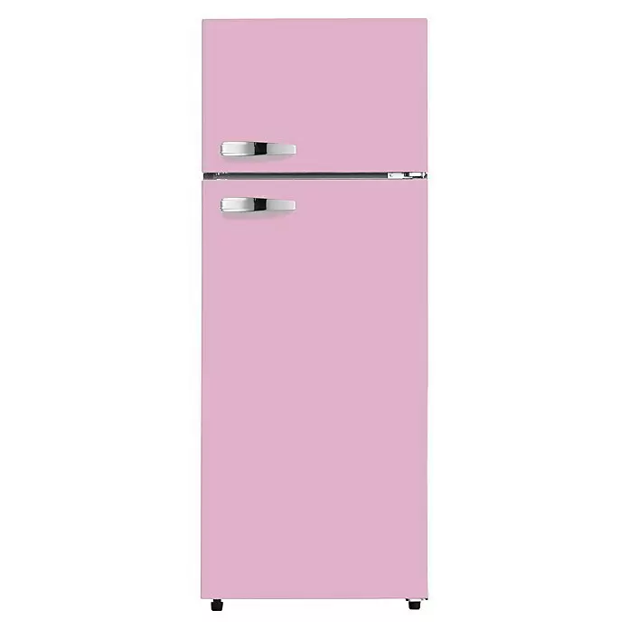 PKM Kühl-Gefrierkombination GK210 2 SP - Nutzinhalt Gesamt: 206 l, 54,5 x 54 x 143 cm, Pink - Hellrosa Retro-Kühlschrank mit Chromgriffen und zwei Türen.
